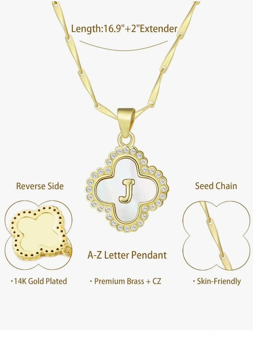 Elegant Gold Initial 'J' Mother-of-Pearl CZ Clover Pendant Seed Chain Necklace - Picture 5 of 7